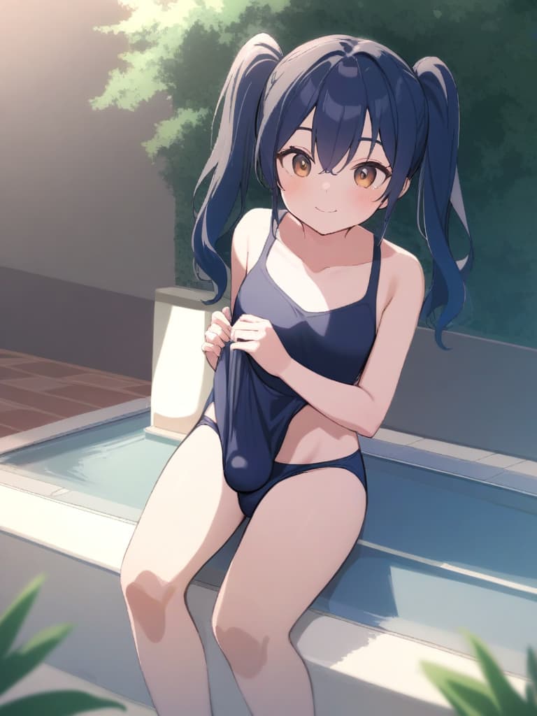  women's elementary students (male), twin tails, cute smiles, (rich s), low stature, dark blue swimwear, old swimwear, , simple (upward), male , (bulge), shaped clear , front , whole body, pool side,