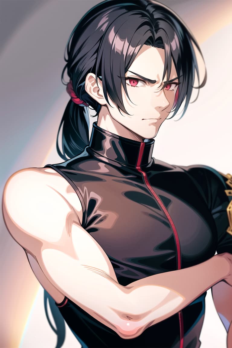  master piece , best quality,image/the character "felix" from the game fire emblem three houses.he is man. his hairstyle is a short black ponytail. he has red, slanted eyes. he has a furrowed brow, which makes him look a bit intimidating. he has his hair tied up high. he has wrinkles under his eyes.