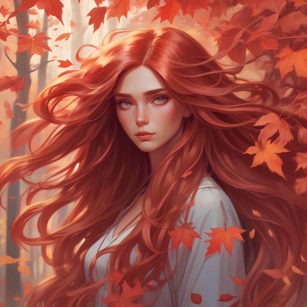  concept art girl with super long hair, hair becoming autumn red leaves, digital painting, detailed eyes, art by artgerm and greg rutkowski and alphonse mucha . digital artwork, illustrative, painterly, matte painting, highly detailed