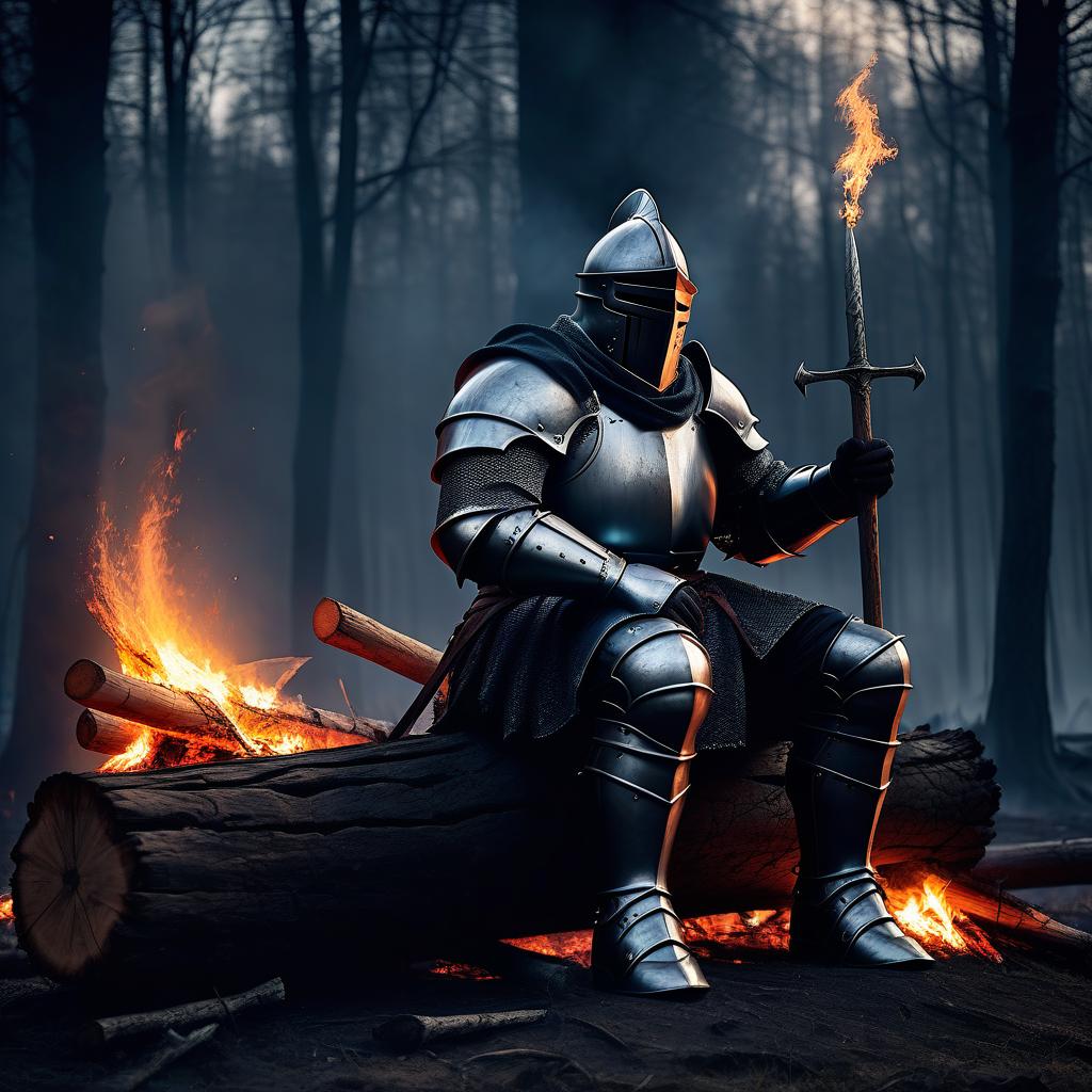  dark fantasy,huge knight,huge knight and the bonfire,huge knight is sitting on a log,atmospheric,wood