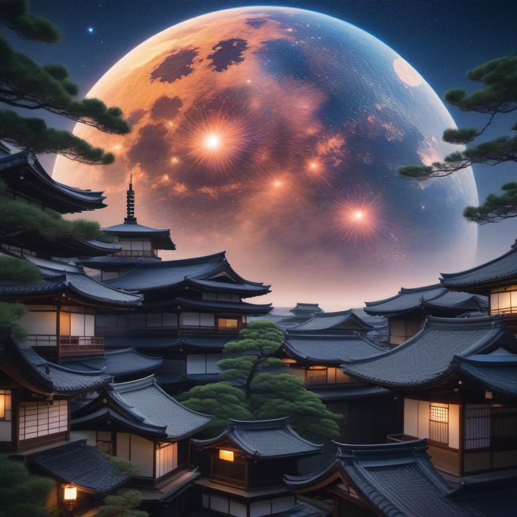  Beautiful night sky above Japanese town, anime style hyperrealistic, full body, detailed clothing, highly detailed, cinematic lighting, stunningly beautiful, intricate, sharp focus, f/1. 8, 85mm, (centered image composition), (professionally color graded), ((bright soft diffused light)), volumetric fog, trending on instagram, trending on tumblr, HDR 4K, 8K