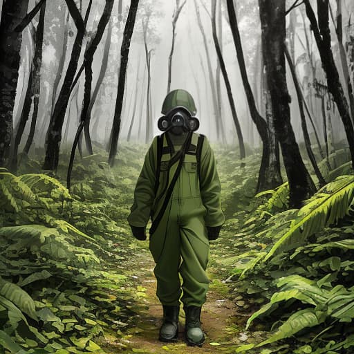  draw art, a distant guy looking at the chernobyl nuclear power plant, in a gas mask, a jumpsuit of dawn, in the thickets of the forest