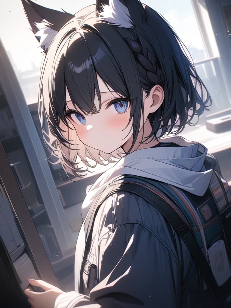  fox ears, hair tip blue, black hair, cute, virtual, short hair, braided ears, the cutest in the world, short hair, blue, ill, dark, masterpiece, best quality,8k,ultra detailed,high resolution,an extremely delicate and beautiful,hyper detail