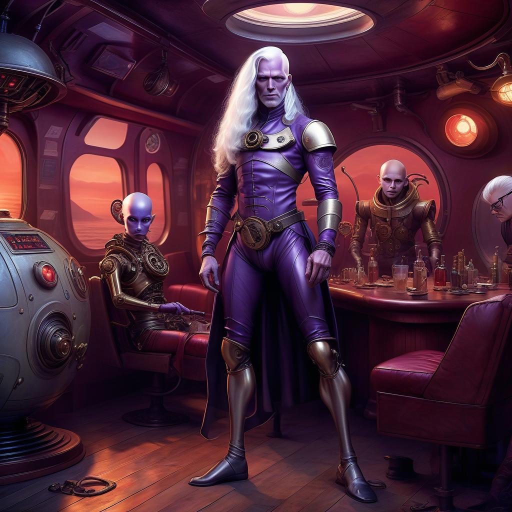  nautical themed a group of space robbers, a young alien, 20 year, purple skin, large size elastic , elegant thin waist, long slender legs, white hair. man, 40 year, small, fat, bald, black. next to the droid and minotaur. full length image, steampunk, dieselpunk, paropunk, standing in a space tavern, against a background of red light. . sea, ocean, ships, maritime, beach, marine life, highly detailed