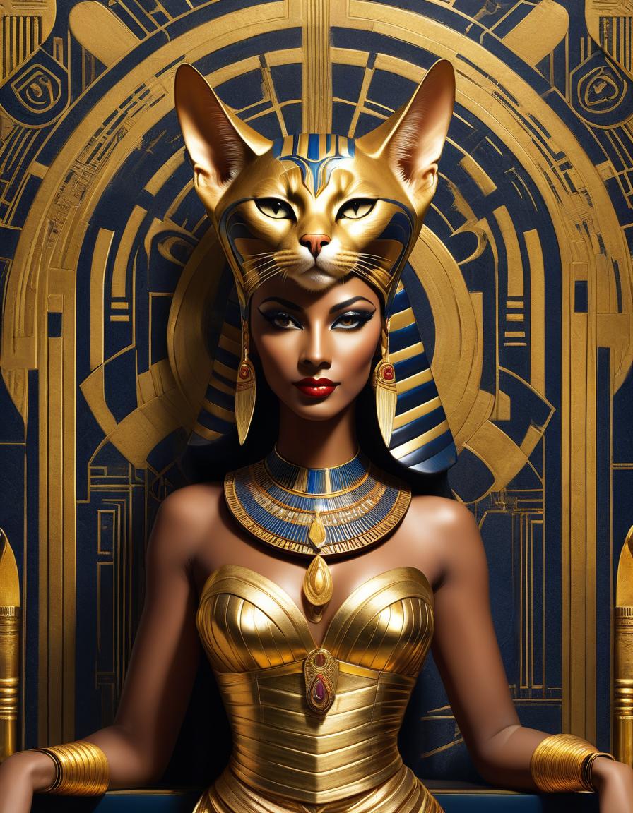  masterpiece, full length portrait of egyptian ((goddess bastet)), the goddess ((cat head and face)) in a gold baleciaga dress, graceful gold shoes. art deco expressions digital artwork based on the combination of art deco art with an expressive cat eye style inspired by afrofuturism. the presence of caravaggesque elements in the composition creates a visually appealing work. innovative artwork, stunning portrait of stunning ((goddess bastet)) with gold jewelry.