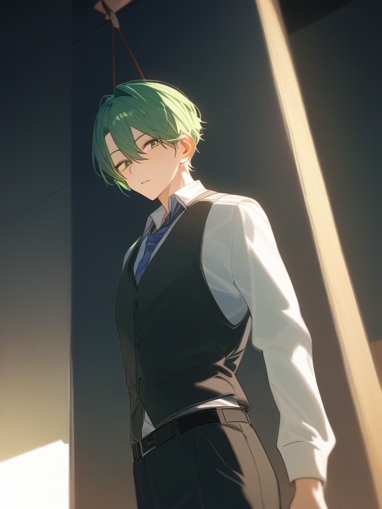  one boy, green hair, high school student, high height, yurfow hair, hanging, handsome, well prepared face, slender