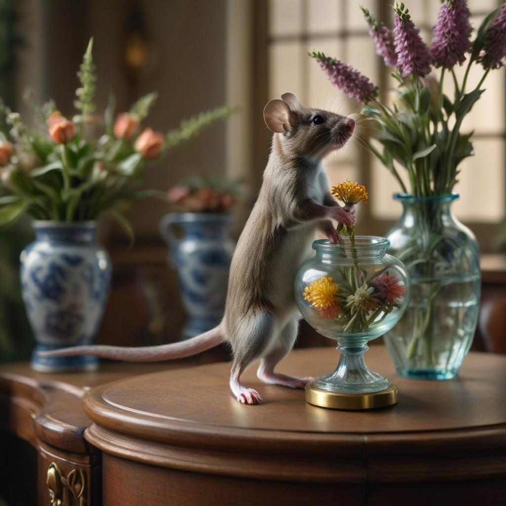  the mouse leans on a vase of flowers and reaches full length to the buds hyperrealistic, full body, detailed clothing, highly detailed, cinematic lighting, stunningly beautiful, intricate, sharp focus, f/1. 8, 85mm, (centered image composition), (professionally color graded), ((bright soft diffused light)), volumetric fog, trending on instagram, trending on tumblr, HDR 4K, 8K