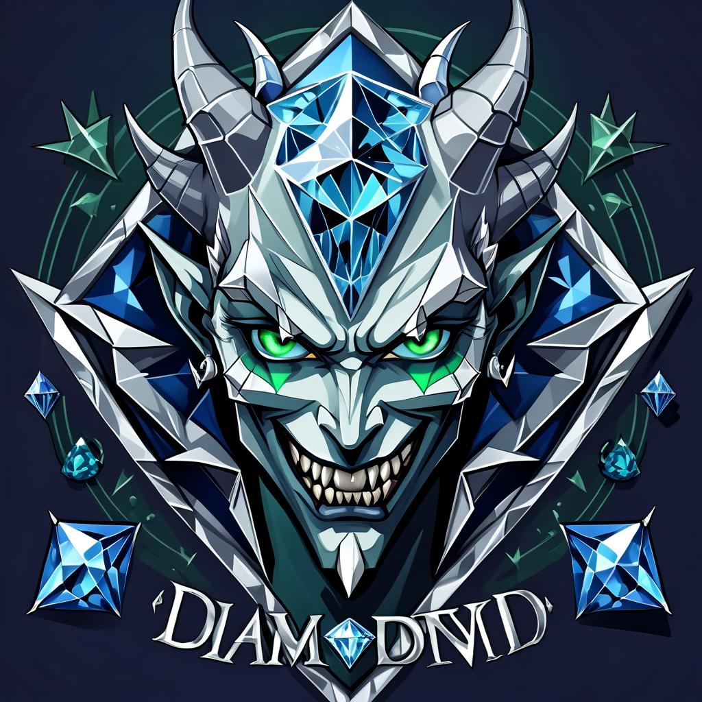  diamond devil, portrait. dark green eyes, man. kind. hair gray. with fangs and horns. colors blue, blue, silver