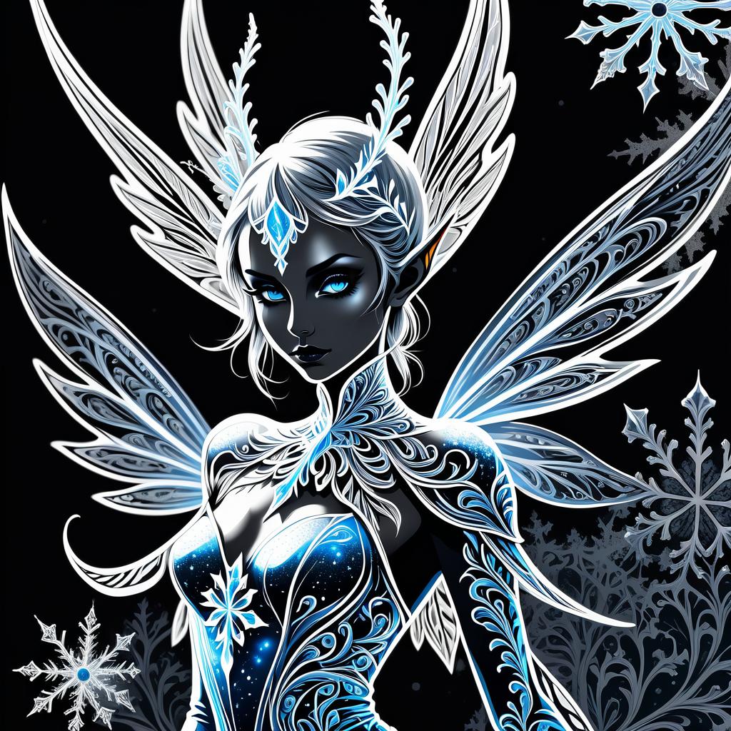  gothic style fine, fine fractal glitter bright ice line ink sketch on black background, (ice pixie silhouette:1.3), ice outline outline, snowflake outline, ice pixie with snow wings. (ice colour):pearl grey,grey white,pearl blue,snow white. . dark, mysterious, haunting, dramatic, ornate, detailed