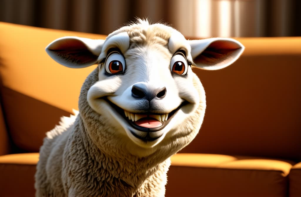  cinematic film style, caricature very big toothy wide smile of smiling sheep, sheep with white smile looking at camera ar 3:2, shallow depth of field, vignette, maximum details, high budget hollywood movie, bokeh, cinemascope, moody, epic, gorgeous, sun rays and shadows on furniture and surfaces, flattering light, raw photo, photography, photorealistic, 8k resolution, f1.4, sharpened focus, sharp focus