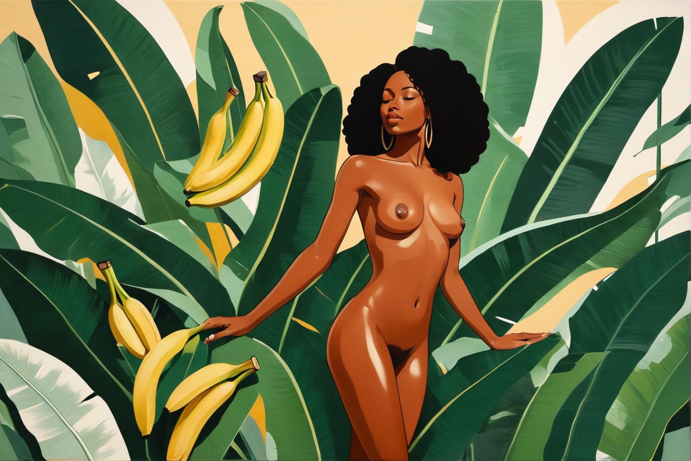  minimalism, a beautiful black woman surrounded by banana plant leaves. she is in a divine pose. their entire body. she is naked. semi minimalist painting, abstract, simple geometic shapes, hard edges, sleek contours, minimalism