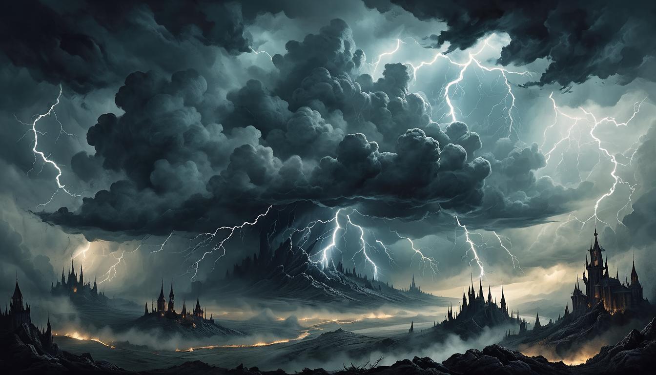  on parchment, surrealism+++, dark, looming clouds with striking thunderbolts, ominous, divine retribution, atmospheric, electric tension(mysterious, provocative, symbolic,muted color)+++