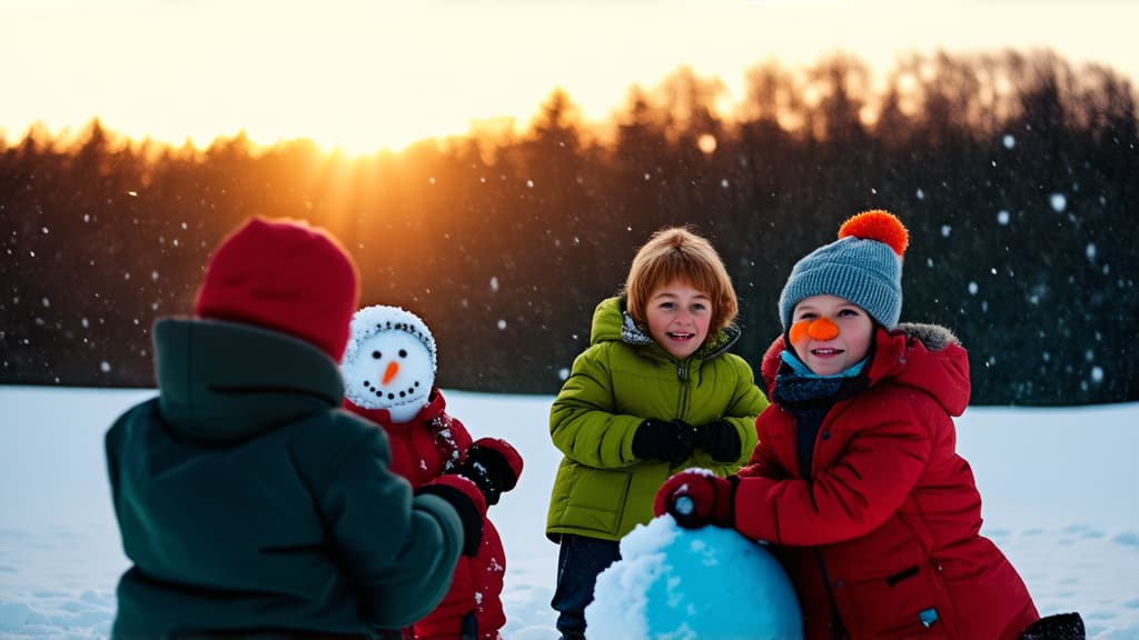  cinematic film style, group of children:age six, playing snowballs and collecting snowman standing in snow, sunset light, snowman with carrot nose. snow falling in background ar 16:9, shallow depth of field, vignette, maximum details, high budget hollywood movie, bokeh, cinemascope, moody, epic, gorgeous, sun rays and shadows on furniture and surfaces, flattering light, raw photo, photography, photorealistic, 8k resolution, f1.4, sharpened focus, sharp focus