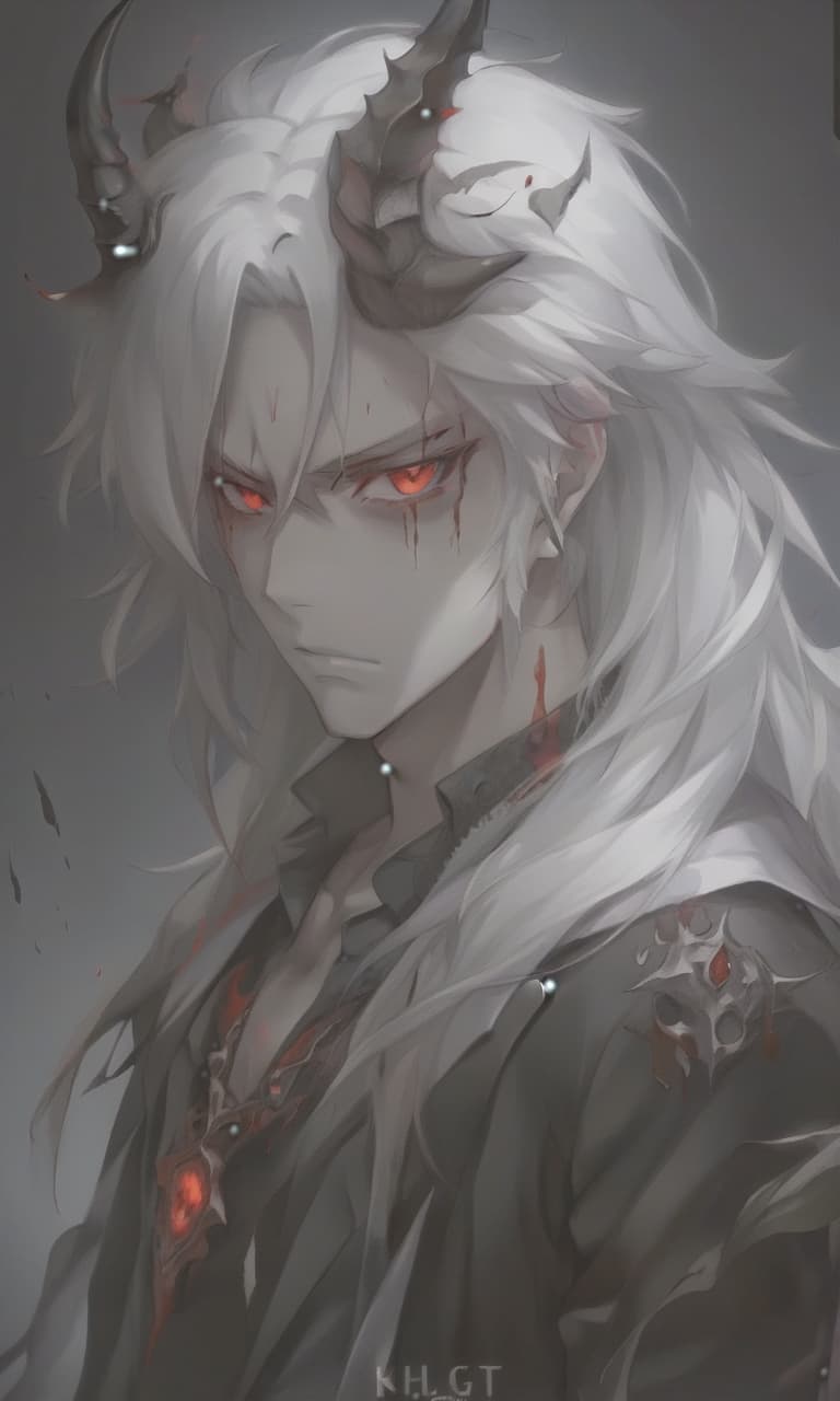  anime artwork man demon, white skin, blood red eyes, black hair, white horns, black clothes . anime style, key visual, vibrant, studio anime, highly detailed