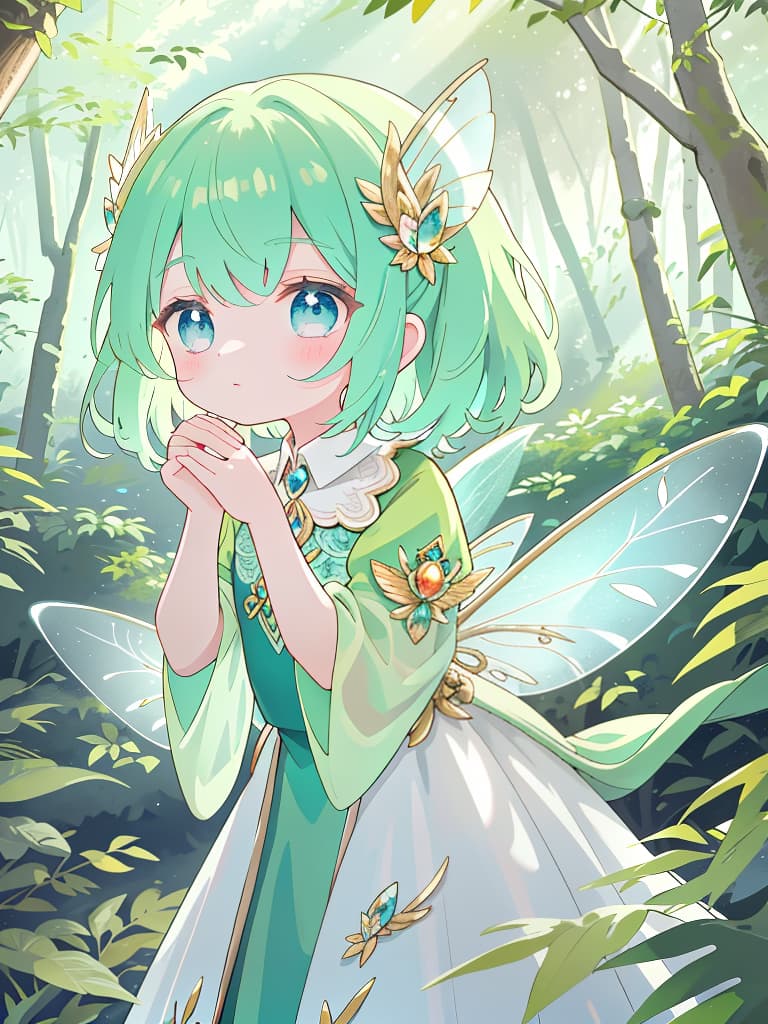  in the forest, on the palm, fairy, cute, with wings, small fairy, masterpiece, best quality,8k,ultra detailed,high resolution,an extremely delicate and beautiful,hyper detail