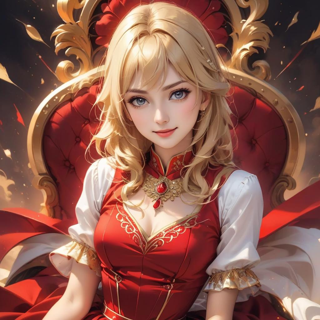  highest quality, ultra high resolution, (photorealistic: 1.4),40 woman, beautiful eyes, very beautiful, blonde beautiful, eyes inviting to view, eyes of a lover, alluring facial expression, smile, perfect style, perfect balance, detailed skin, eyes, glamorous , in a red dress , a lot money, sitting full length on the throne. картина красками, t shirt design