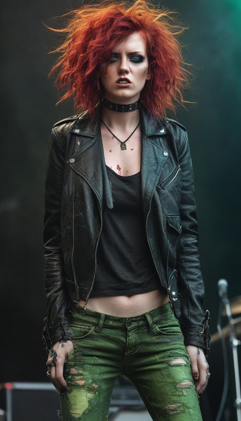  hdr photo of beautiful grunge , beautiful punk . in leather jacket and torn jeans. against the background of the concert stage. choker. aggressive pose, furious look. green eyes, red curly hair, stage makeup. you can see a well structured abdomen. beautiful s. extremely close up portrait style plan. this work uses multiple exposure, overlay of textures and expert post processing to convey a sense of dynamism and depth. the inclusion of style adds a unique charm to the character, enhancing its complexity and bringing a fresh look to the composition. . high dynamic range, vivid, rich details, clear shadows and highlights, realistic, intense, enhanced contrast, highly detailed