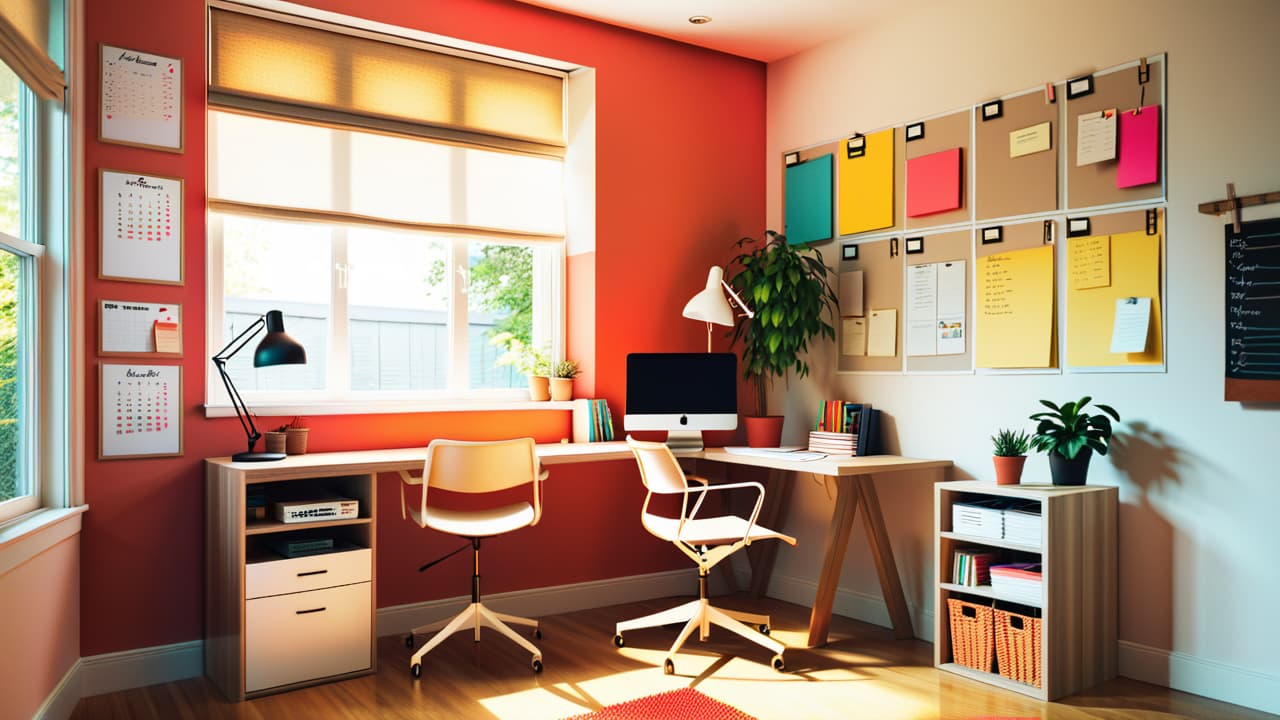  a cozy small office with a sleek desk, vertical shelving filled with plant pots, wall mounted organizers holding colorful stationery, and a minimalist corkboard displaying notes, surrounded by natural light from a window. hyperrealistic, full body, detailed clothing, highly detailed, cinematic lighting, stunningly beautiful, intricate, sharp focus, f/1. 8, 85mm, (centered image composition), (professionally color graded), ((bright soft diffused light)), volumetric fog, trending on instagram, trending on tumblr, HDR 4K, 8K