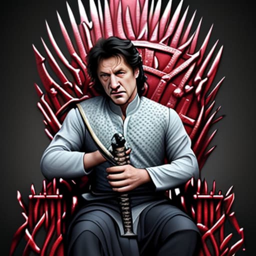  Generate an image of imran khan sitting on the iron throne from the game of thrones series holding a sword with the quote you win or you die