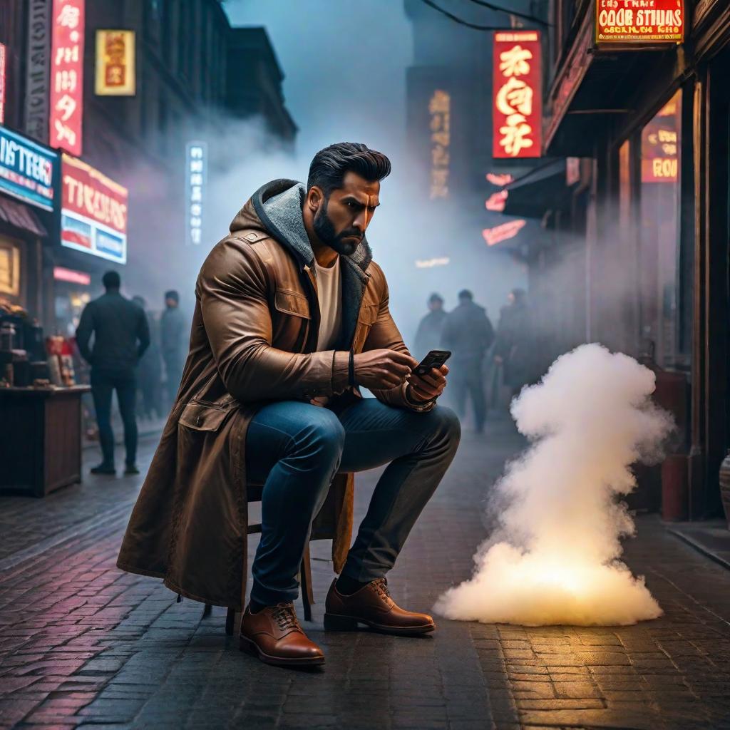  a man trying to create visuals by watching commercials (quite unhappy) hyperrealistic, full body, detailed clothing, highly detailed, cinematic lighting, stunningly beautiful, intricate, sharp focus, f/1. 8, 85mm, (centered image composition), (professionally color graded), ((bright soft diffused light)), volumetric fog, trending on instagram, trending on tumblr, HDR 4K, 8K