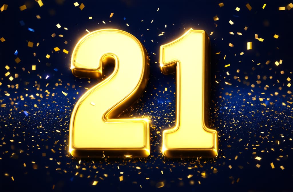  number 21 with golden bokeh lights and confetti, festive birthday celebration ar 3:2 {prompt}, maximum details