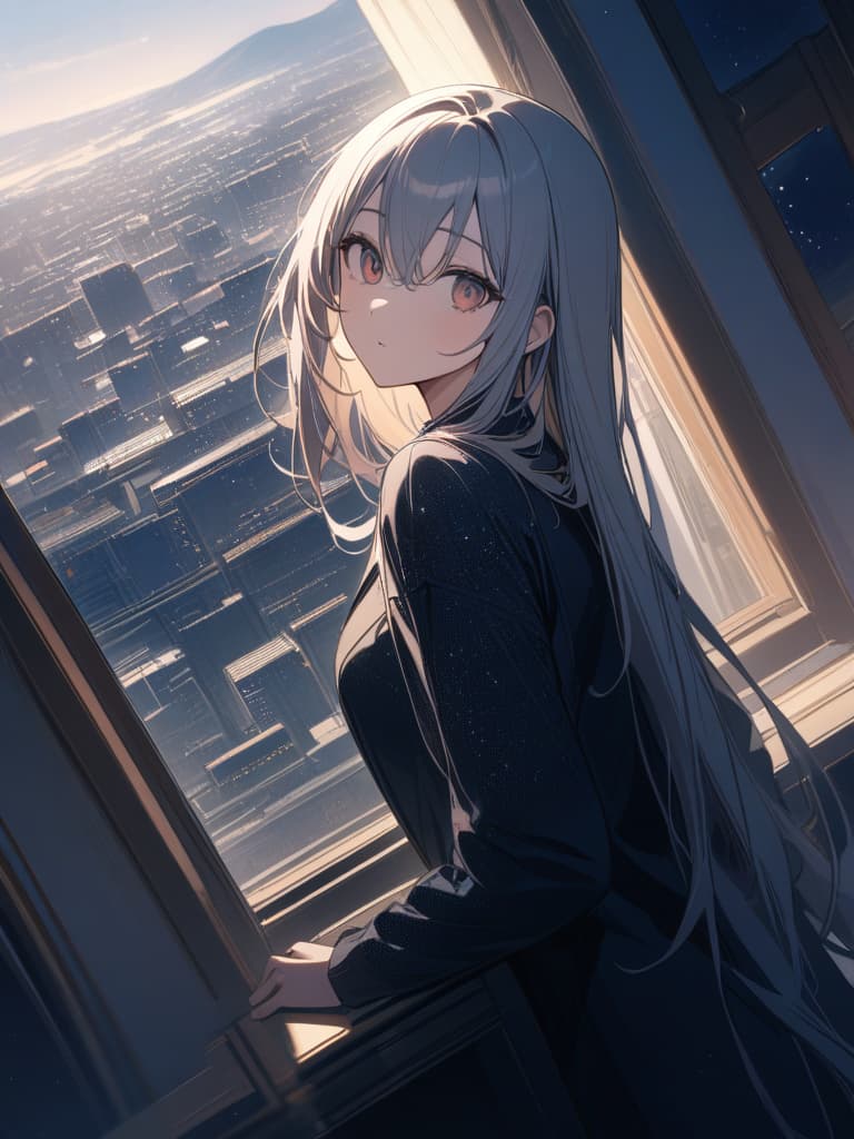  looking up from the window, the hair is blond, the hair length is long, the sky is in the night sky, the stars are visible, while looking at the distant look, the whole body, the whole body, the building group., masterpiece, best quality,8k,ultra detailed,high resolution,an extremely delicate and beautiful,hyper detail