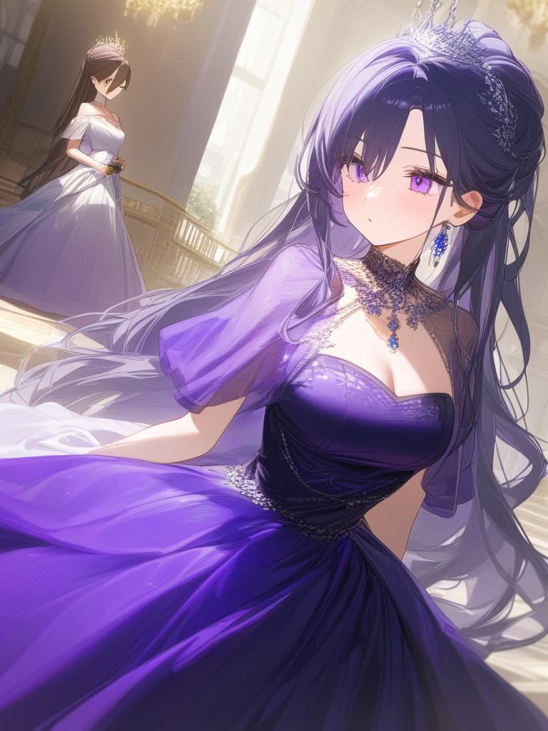  cute girls, jewels, beautiful, long hair, no bangs, beautiful dresses, beautiful dresses, prince, british royal family, dignified, gross dresses, crowns, luxurious dresses, purple eyes, masterpiece, best quality,8k,ultra detailed,high resolution,an extremely delicate and beautiful,hyper detail