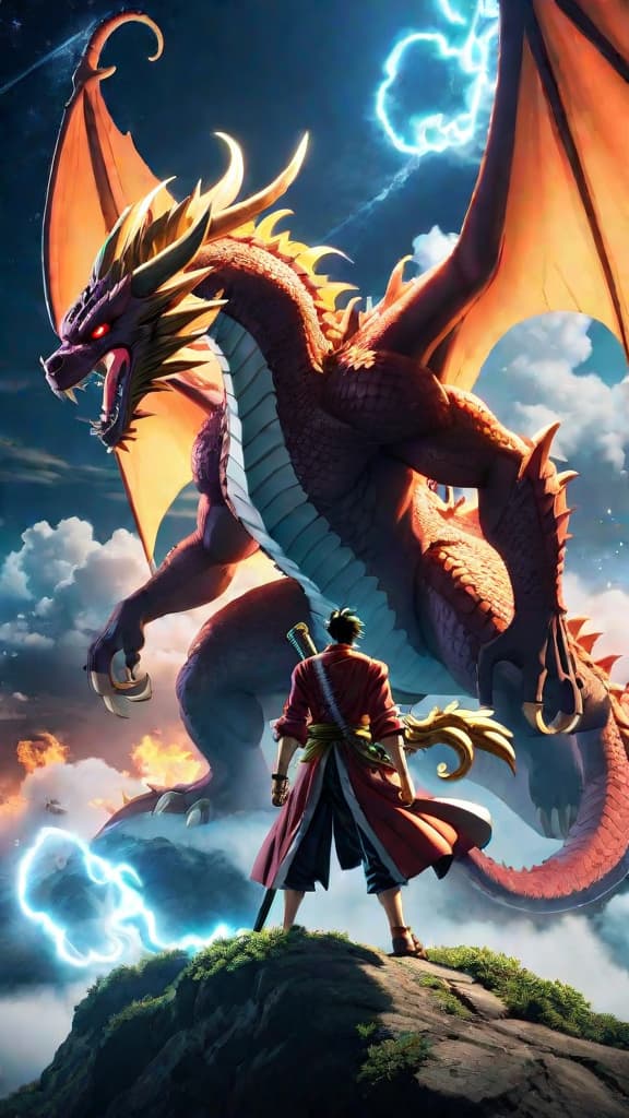  anime art of a mysterious celestial dragon from one piece, hinting at their hidden powers. hyperrealistic, full body, detailed clothing, highly detailed, cinematic lighting, stunningly beautiful, intricate, sharp focus, f/1. 8, 85mm, (centered image composition), (professionally color graded), ((bright soft diffused light)), volumetric fog, trending on instagram, trending on tumblr, HDR 4K, 8K