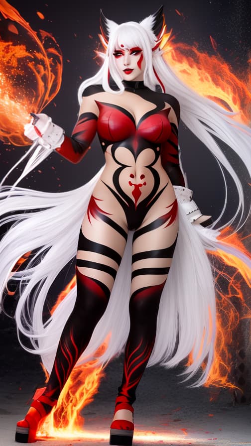  Full body red and Black flame pattern body paint, White body paint on the whole body, White face paint on the face, Dark elf 女性