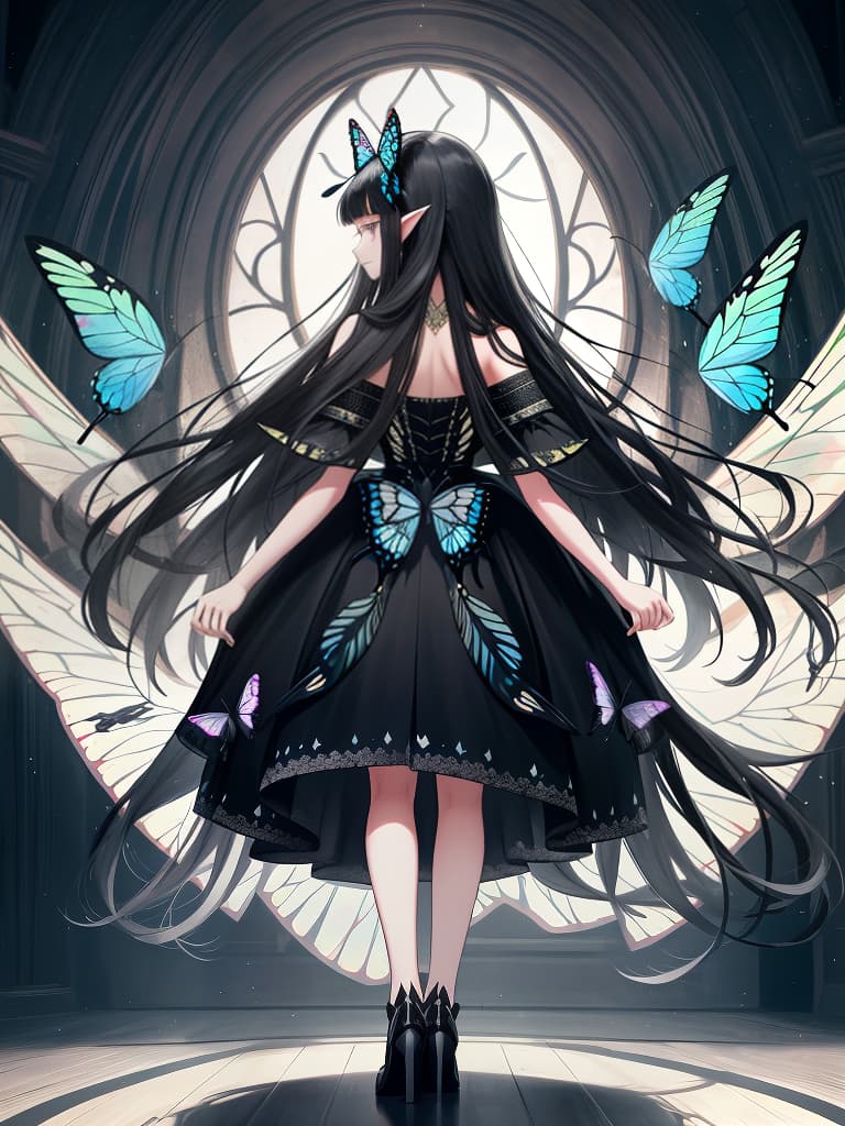  dress, black hair, super long long hair, elf ears, pats bangs, butterfly feathers on the back, this shoes on the back, masterpiece, best quality,8k,ultra detailed,high resolution,an extremely delicate and beautiful,hyper detail