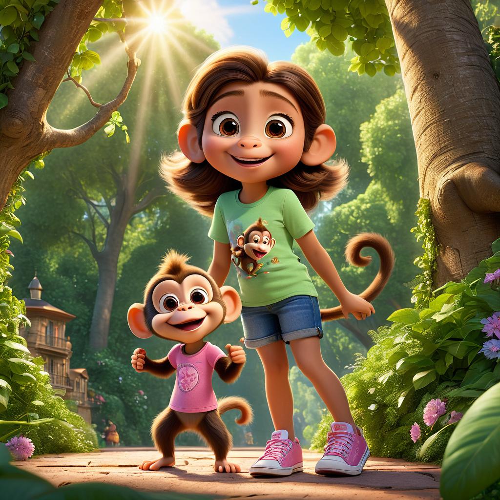  in 3d animated movie style. disney pixar style. paris, a old curious, kind hearted girl in a colorful t shirt, denim shorts, pink sneakers, climbing a small tree nch. monkey, an energetic, friendly character with brown fur, cs excitedly beside her, showing approval. lush forest with tall trees, dappled sunlight creating a magical, atmosphere. high res pixar 3d film style captures the dynamic interaction between paris and the monkey. main colors are lush greens, warm browns, soft sunlight. bird's eye view angle to highlight their shared joy and adventure.