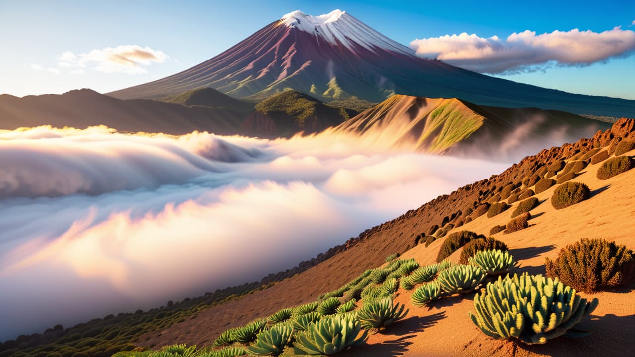  @ image prompt: a stunning landscape showcasing the diverse ecosystems of spain, featuring the volcanic peak of mount teide in tenerife, rugged cliffs of the costa brava, and golden sandy beaches of andalusia. the image captures the natural beauty and geographical diversity of the country, inviting viewers to explore its unique landscapes. hyperrealistic, full body, detailed clothing, highly detailed, cinematic lighting, stunningly beautiful, intricate, sharp focus, f/1. 8, 85mm, (centered image composition), (professionally color graded), ((bright soft diffused light)), volumetric fog, trending on instagram, trending on tumblr, HDR 4K, 8K