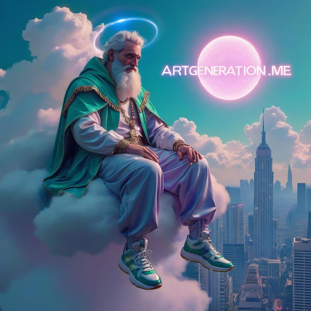  (surreal composition, art, double exposure:1.5). the brutal, contented and (joyful) ancient greek god zeus is sitting on a cloud in gorgeous royal closed clothes and (demonstrates) stylish combined peculiar and ((intricate)) (the sneakers are silver, light green and purple in complex waves, strokes and red triangles:1.4). (radiance above the cloud in the form of a halo with scattered rays:1.3). attractive bright large inscription, (((text: "artgeneration.me":1.6))), superimposed on the general background. endless blue sky, golden clouds, joyful mood, background of green lilac delicate textures., glowneon, text