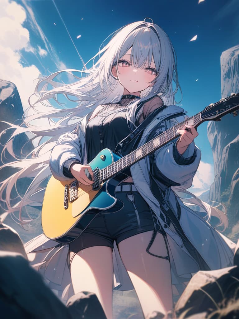  girls, guitars, rock girls, whole body, long hair, pastel color, masterpiece, best quality,8k,ultra detailed,high resolution,an extremely delicate and beautiful,hyper detail