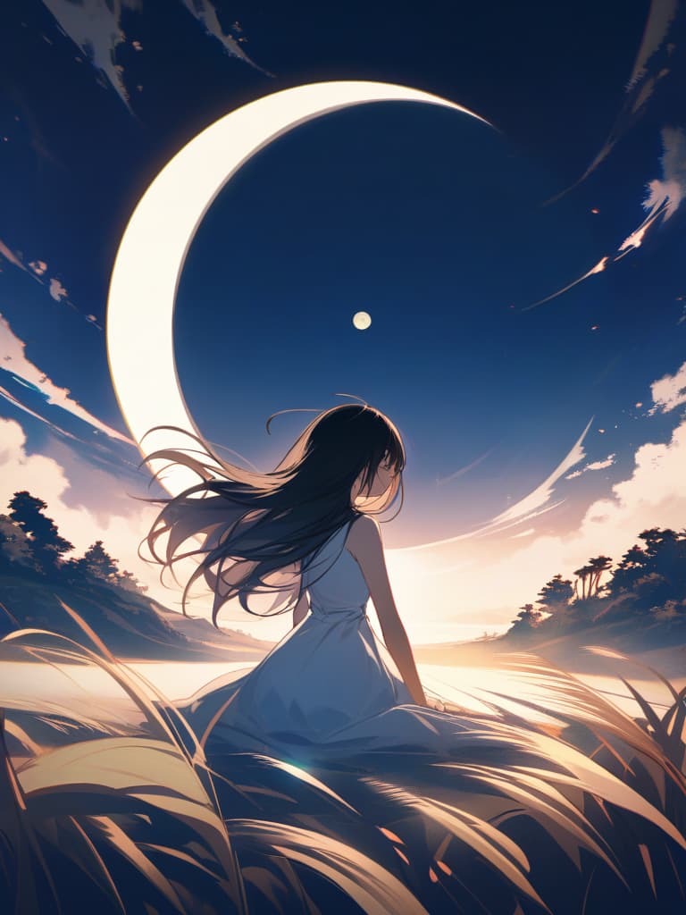  the sun is about the moon (art inspired by bill schenquevich). oil painting), (monday, one moon, (full moon)), ((round moon)) ), (shadow reflected in the moon), (one rabbit), ... one woman, long hair, black hair, far away, (whole body), ((far)), susuki, (pampas grass), pampas grass, sitting, back, white dress, simple dress, shadow, shadow, fantastic, fantasy, wonderful, beautiful, (night), landscape ,,