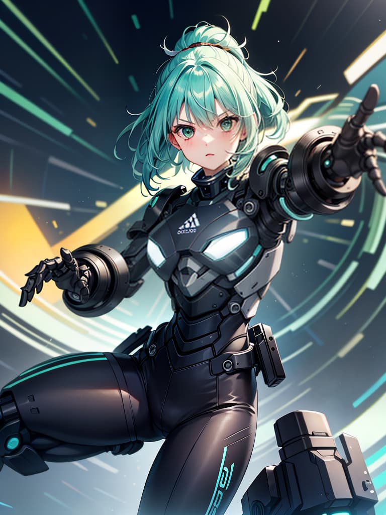  masterpiece,insanely detailed face,solo,girl,intelligence,genius,serious,cool,clear face,aqua hair,hair up,sidelocks,ring hair,humanoid,((mechanical joint)),((exoskeleton)),((mechanical legs)),green colored armor,pose,((kicking)),((incoming kick,incoming attack)),(standing on one leg),(outstretched foot,close up sole),blurr sole, looking at viewer,sense of movement,speed line,motion blurr,blurr fore ground,