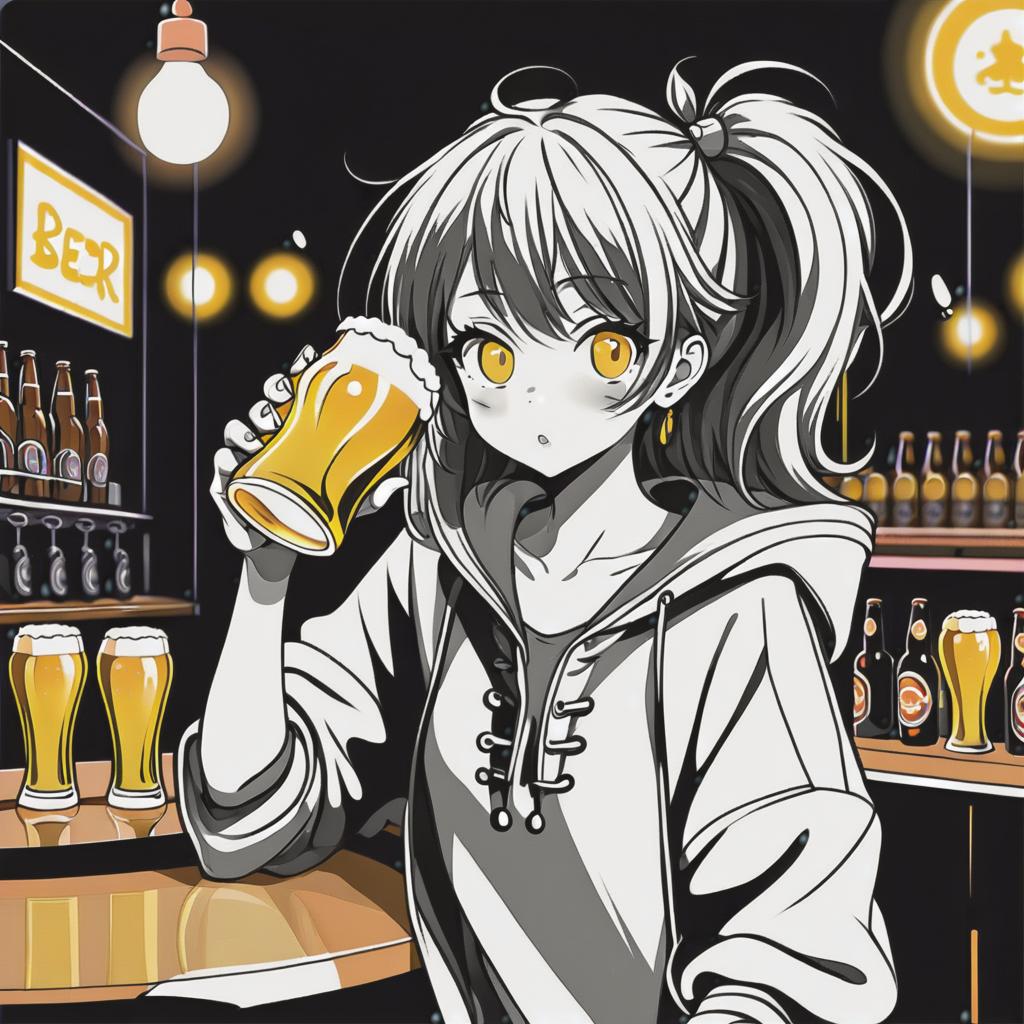  line art drawing girl drink beer, same nightmare. anime style . professional, sleek, modern, minimalist, graphic, line art, vector graphics