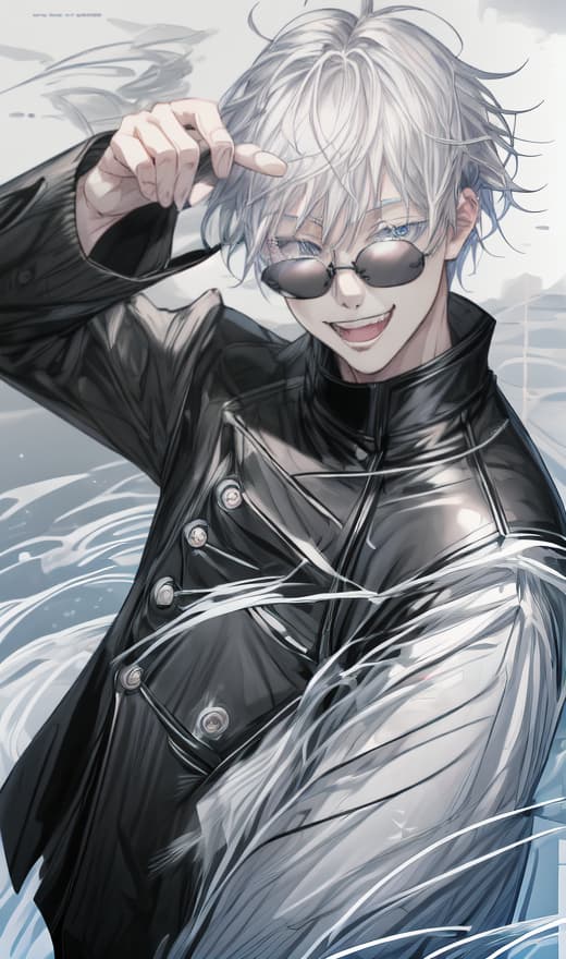  1man, satoru gojo,black jacket,black slim sunglasses,light blue eyes,detailed eyes,messy hair,black pants,white hair,smile,smiling,standing,open mouth,happy face,happy expression,(peace sign),masterpiece,extremely detailed cg unity 8k wallpaper, best quality,32k,focus sharp