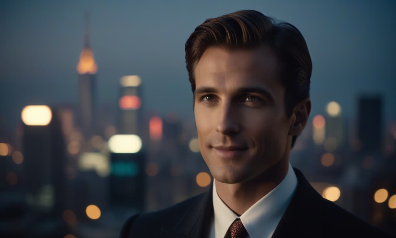  cinematic film still sunrise in the background, a piece of sun is visible, in the foreground a man in a suit on the side, looks at the camera, the face is illuminated by a spotlight in the front, slightly smiles, a close up face, photorealism, in the background the silhouette of the city in a blurred focus, colored blurry lights of advertisements in the metropolis in the background, slightly dark. . shallow depth of field, vignette, highly detailed, high budget, bokeh, cinemascope, moody, epic, gorgeous, film grain, grainy