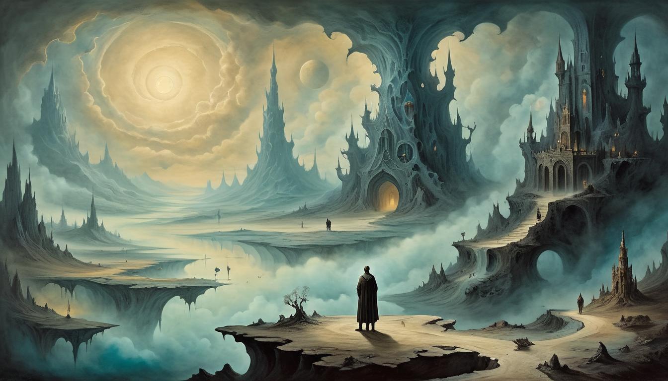  on parchment, surrealism+++, a figure standing at the edge of a vast, otherworldly abyss, beyond the realm of the familiar, ethereal light, boundary between worlds(mysterious, provocative, symbolic,muted color)+++