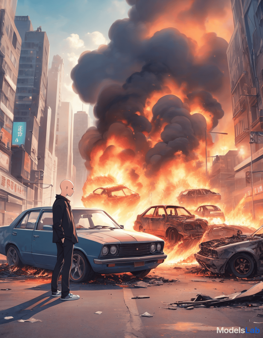  anime artwork a modern city, everywhere destruction, burning cars, in the foreground is a bald guy with a small ball in his hands. . anime style, key visual, vibrant, studio anime, highly detailed