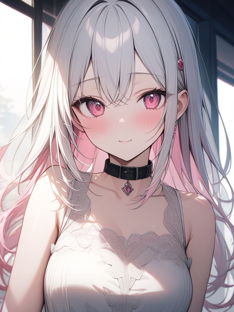  girls, white hair, pink, pink gradation hair color, cute face, pink eyes, straight hair, thin body, red polka dot dress, black collar, masterpiece, best quality,8k,ultra detailed,high resolution,an extremely delicate and beautiful,hyper detail