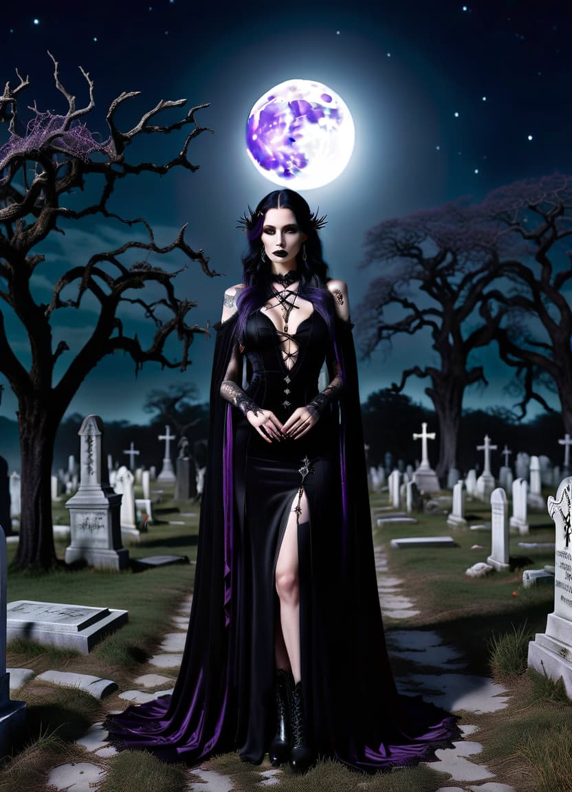  full body, very young elf necromancer, pale skin, slender, thin, athletic, extremely thin waist, very long dark purple wavy hair,mive cross earrings, huge tattoo on s, open shoulders, black very short dress, soled boots, lace stockings, long cloak, necromancer staff in left hand, necromancer book in right hand, old abandoned graveyard, many tombstones, crosses, graves, dead trees, crows, full moon, moonlit night, ghosts, dead knights, hkmagic hyperrealistic, full body, detailed clothing, highly detailed, cinematic lighting, stunningly beautiful, intricate, sharp focus, f/1. 8, 85mm, (centered image composition), (professionally color graded), ((bright soft diffused light)), volumetric fog, trending on instagram, trending on tumblr, HDR 4K, 8K