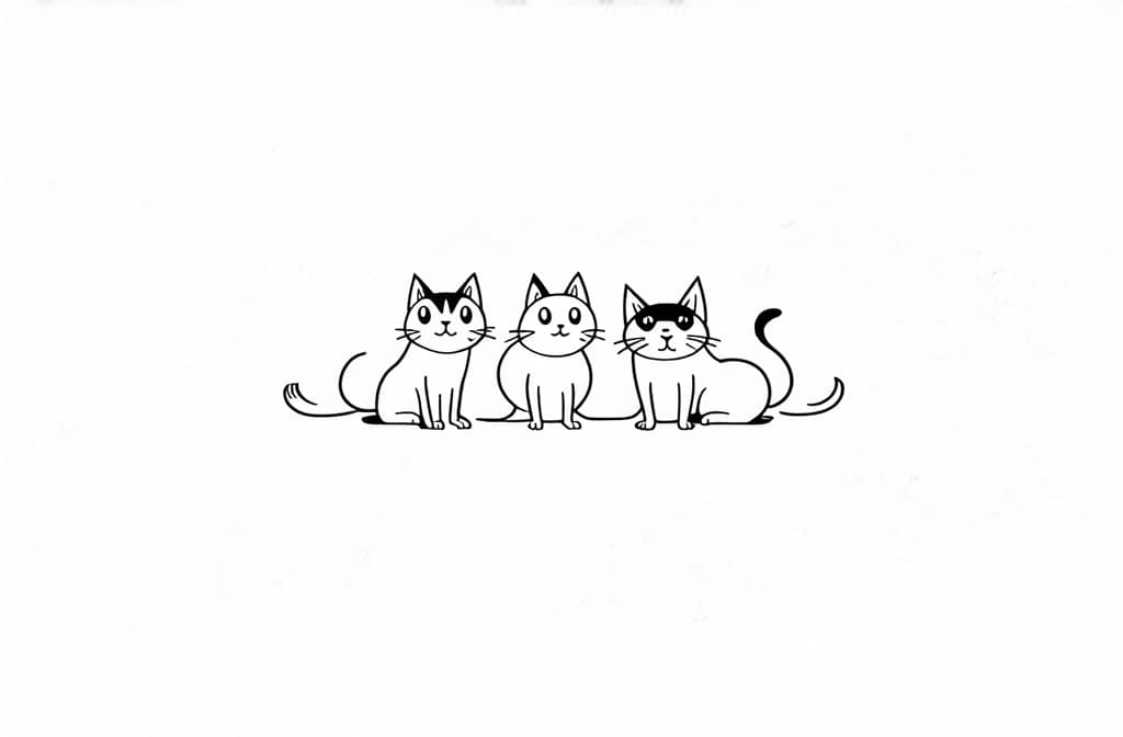  contour, very simple image in one unbroken black ink line, single line of cats with funny faces drawn with pencils in cartoon style on isolated background. simple flat color illustration. ar 3:2 using a single continuous black line ink brushon white background, drawing should be created without lifting the pen, recognizable features of cats with funny faces drawn with pencils in cartoon style on isolated background. simple flat color illustration. ar 3:2 in one unbroken line