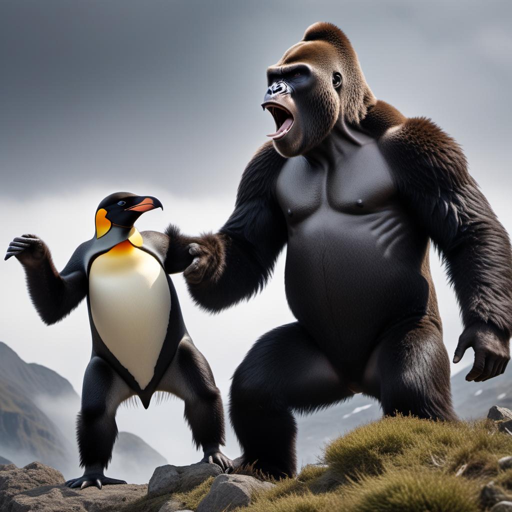  King Kong fighting a GIANT king penguin, both of the same size. King Kong should have its distinctive features: massive, muscular build, dark fur, expressive face, and powerful limbs. The GIANT king penguin should have a muscular build, sharp beak, fierce look, and be as tall and large as King Kong. The setting can be in a mountainous terrain or a cityscape with destroyed elements, emphasizing the intensity of the battle. hyperrealistic, full body, detailed clothing, highly detailed, cinematic lighting, stunningly beautiful, intricate, sharp focus, f/1. 8, 85mm, (centered image composition), (professionally color graded), ((bright soft diffused light)), volumetric fog, trending on instagram, trending on tumblr, HDR 4K, 8K