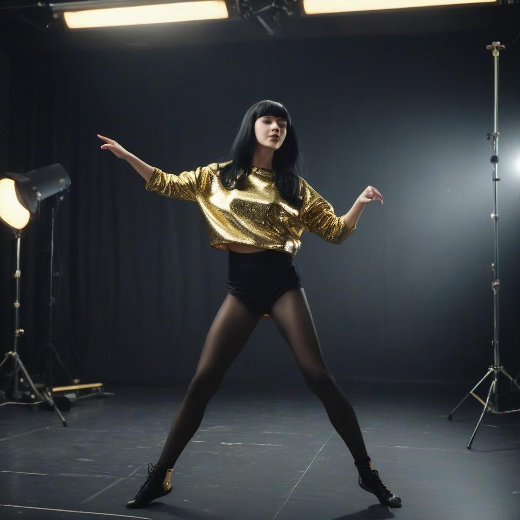  a girl with black hair dances in the studio, where she is filmed by a cameraman. space style is dominated by black colors with gold