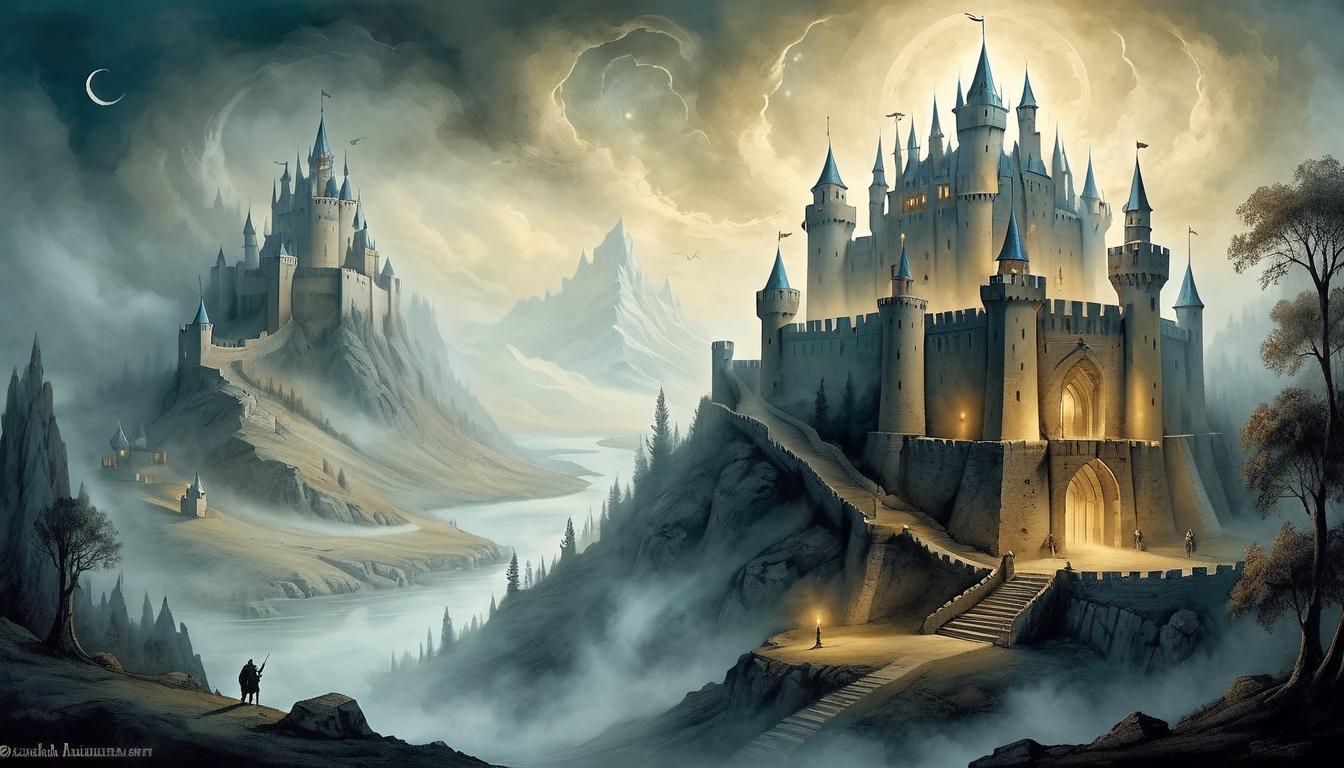  on parchment, surrealism+++, majestic fortress made of light, spiritual steel, impossible to breach, symbolizing strength(mysterious, provocative, symbolic,muted color)+++