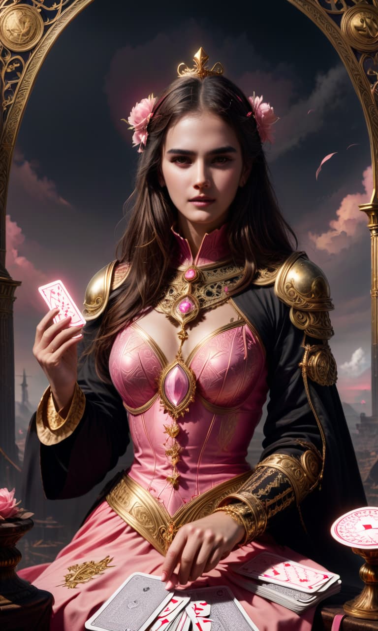  concept art pink, gold, black, white tarot . digital artwork, illustrative, painterly, matte painting, highly detailed, civitai, perfect hands