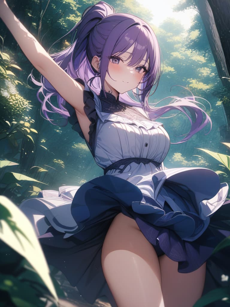  ponytail, dress, purple hair, glasses girl, high kick, forest, masterpiece, best quality,8k,ultra detailed,high resolution,an extremely delicate and beautiful,hyper detail