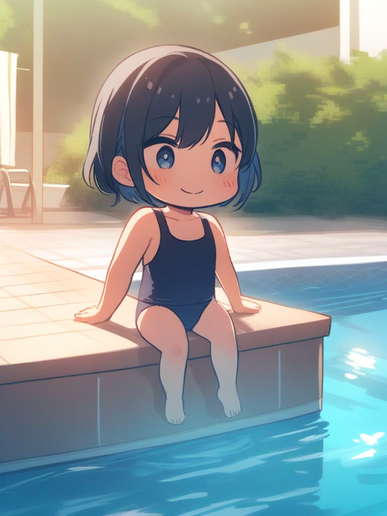  elementary , 's body, old (with dark blue old swimwear, ), male (bulging), front, cute smile ( face), short hair, whole body, pool,